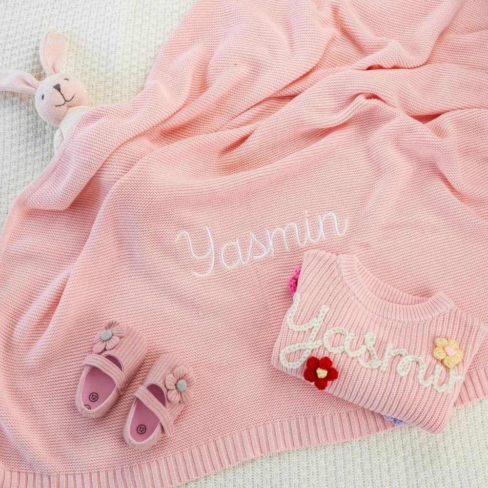 Personalized Embroidered Name Knitted Baby Blanket Custom Kids Throw Soft Warm Handmade Keepsake Christmas Baby Shower Gift