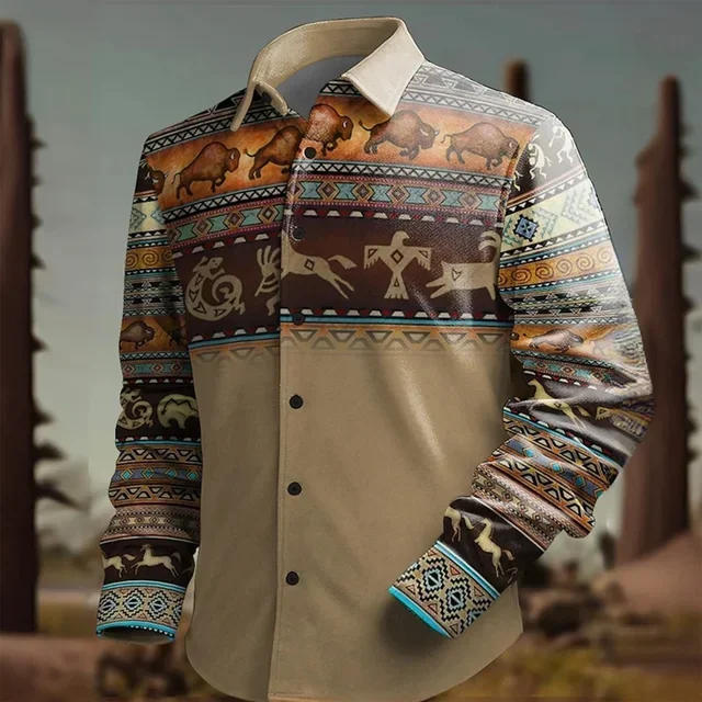 Men's Retro Denim Western Farm 3D Printed Shirt Long Sleeve Lapel Ethnic Pattern Dark Casual Shirt Outdoor Vacation Fashion Top