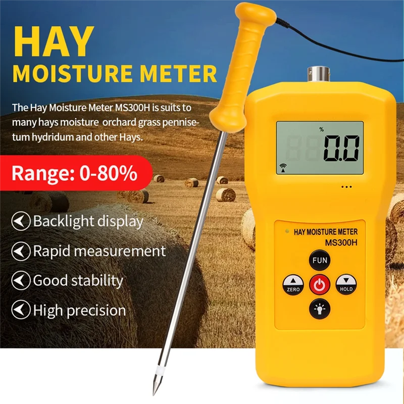 

A02F-MS300H Portable Hay Moisture Meter With Probe For Hay Bale,Cereal Straw,Forage Grass,Leymus Chinensis Humidity Tester