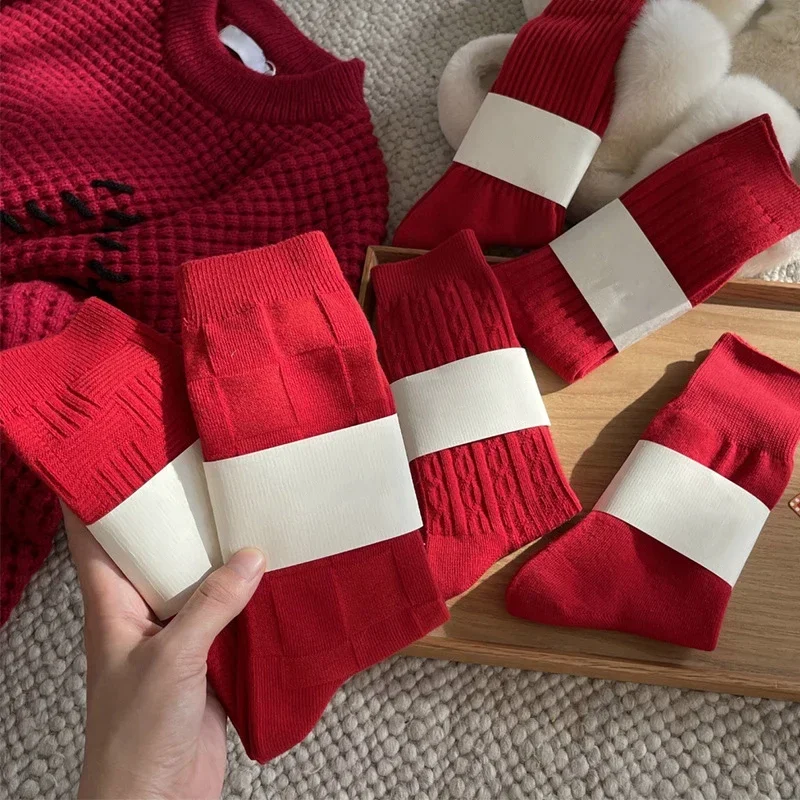 3/5 Pairs For Women Winter Red Casual Warm Socks Female Breathable Solid Color Fashion Crew High Quality Socks New Year's Socks