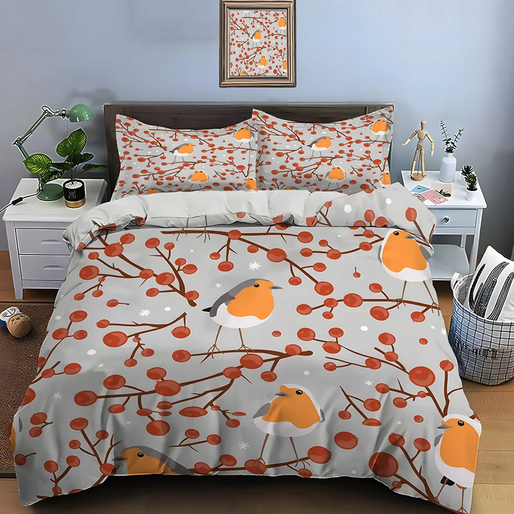3pcs Winter birds with red berries Pattern Duvet Cover Set Digital Print Polyester Bedding with Zipper Closur for kids gifts