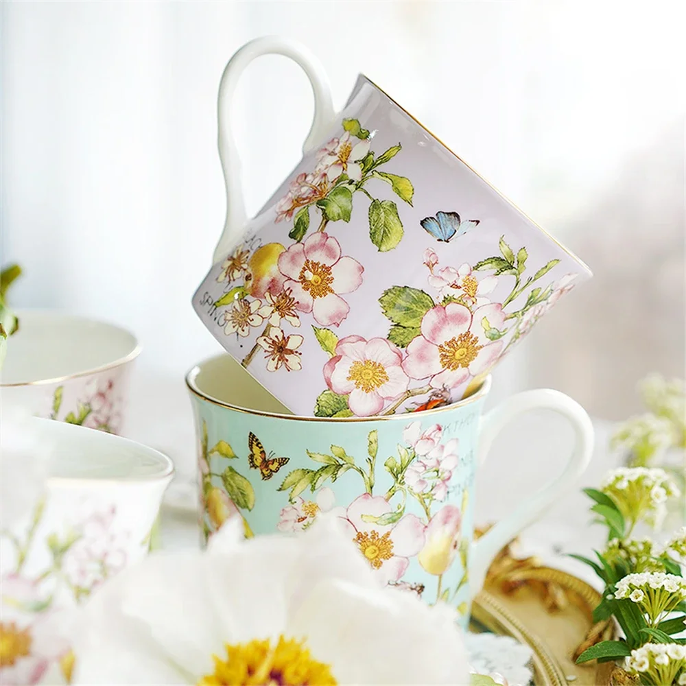 Fresh Style Mug Ceramic Apple Blossom Printed Bone China Princess Cup Office Large Capacity Afternoon Tea Water Cup Coffee Cup