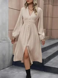 2024 New White Single Breasted Elegant Dress For Women Party Robe High Waist Satin Long Dress Sexy Lantern Sleeve Midi Dresses