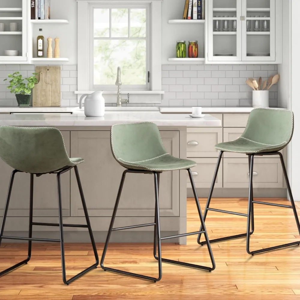 Green Bar Stools Set of 3, 26 Inch Barstools with Metal Legs Faux Leather Counter Height Bar Stools for Kitchen Island Modern