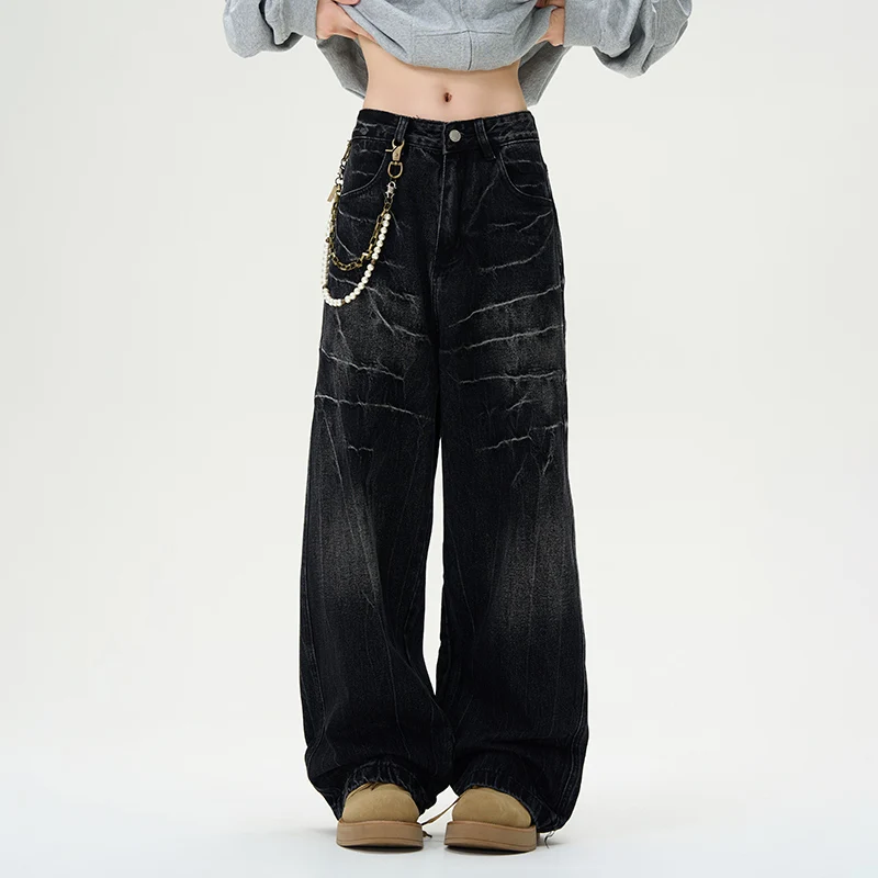 American High Street Vibe Washed Vintage Lightning Pattern Loose Wide Leg Jeans for Men Trendy Floor-Length plus Size Pants
