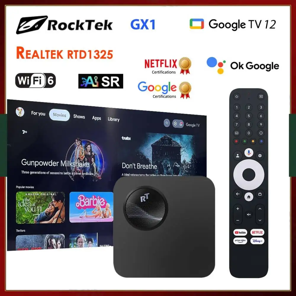 Google TV 12 Box Netflix Google Certified RockTek GX1 UHD Realtek1325 A55 Edge AI Support Dolby Atmos Vision 2T2R Android TV Box