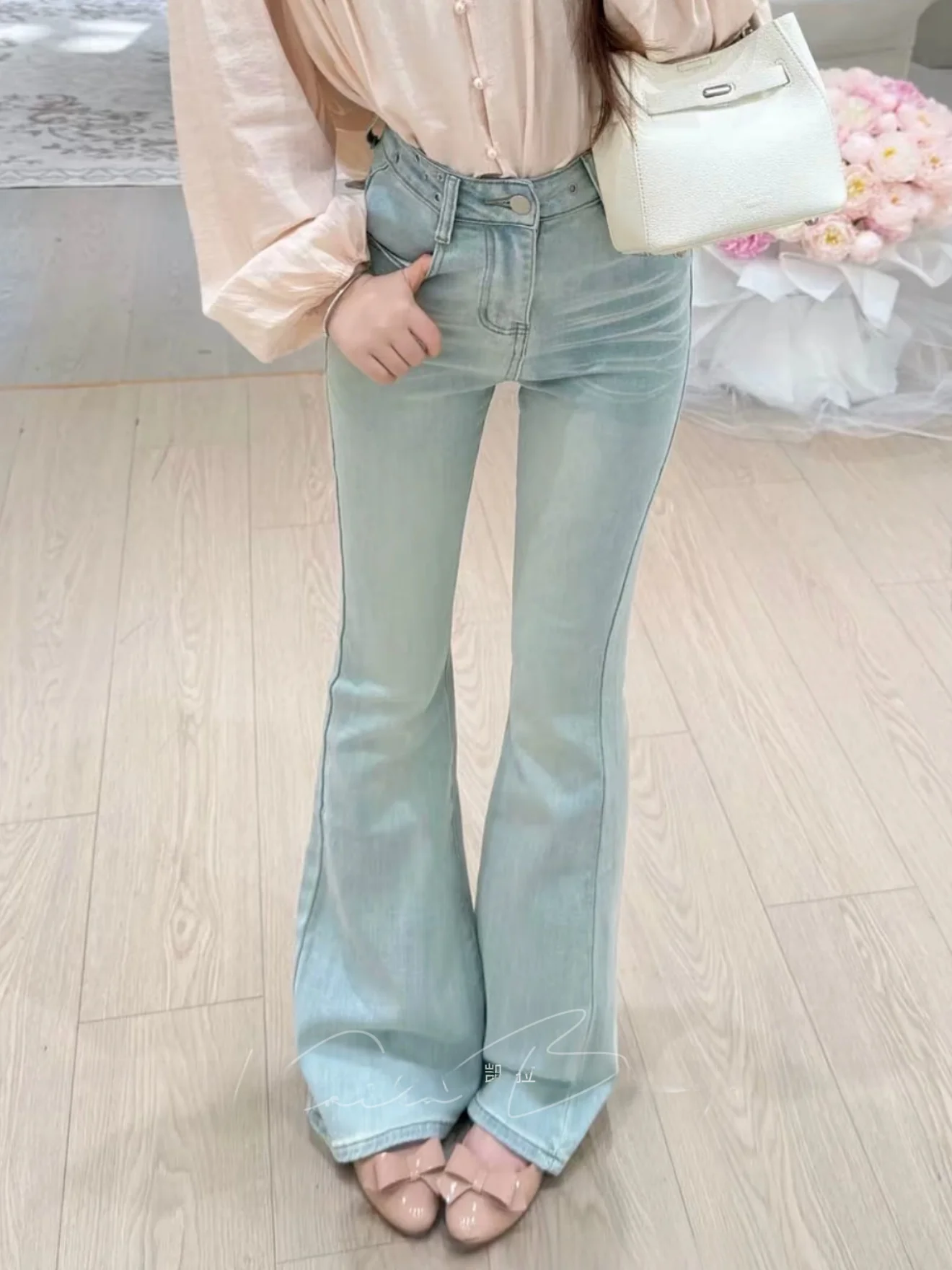 

High Waist Graduated Light Blue Slimming Flared Pants Women's High Elastic Cotton Denim Butt Lifting Long Pants Spring Season