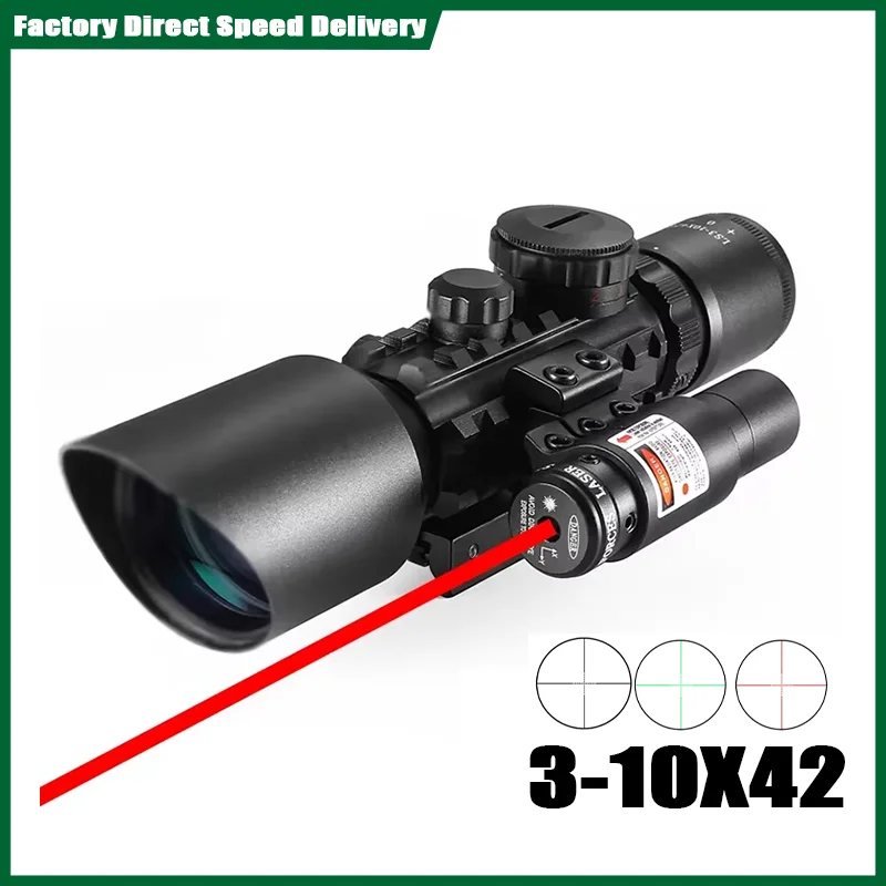 3-10x42E Hunting Riflescope With Red Laser Sight Tactical Scope 11/20mm Rail Red Green Illuminated Reticles Rifle Scopes