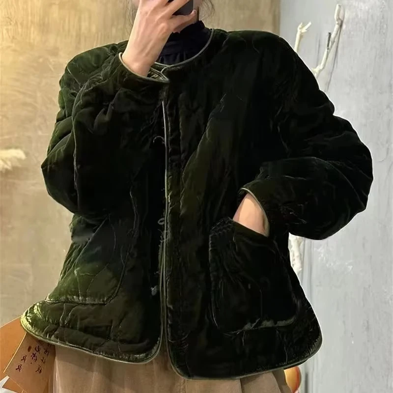 O-neck Retro Cotton Jacket Women Casual Pocket Green Velvet Coat Winter Long Sleeve Loose Warm Clothing Versatile