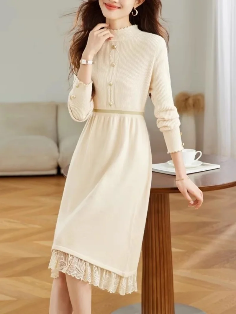 Knitted Dress Women's Spring And Autumn Winter Lace Splicing Fake Two Piece Mid Length A-line Bottom Woolen Dress W1636
