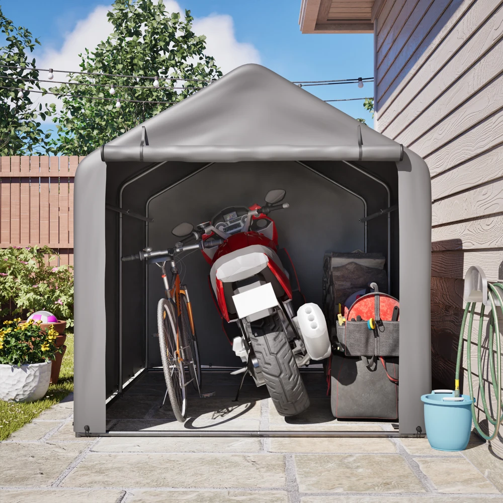 Grauer Fahrrad-Garagenunterstand 160x220x165 cm mit Rolltor, schwarzes Stahlgestell, pulverbeschichtet, wetterfestes PE, Outdoor-Schuppen