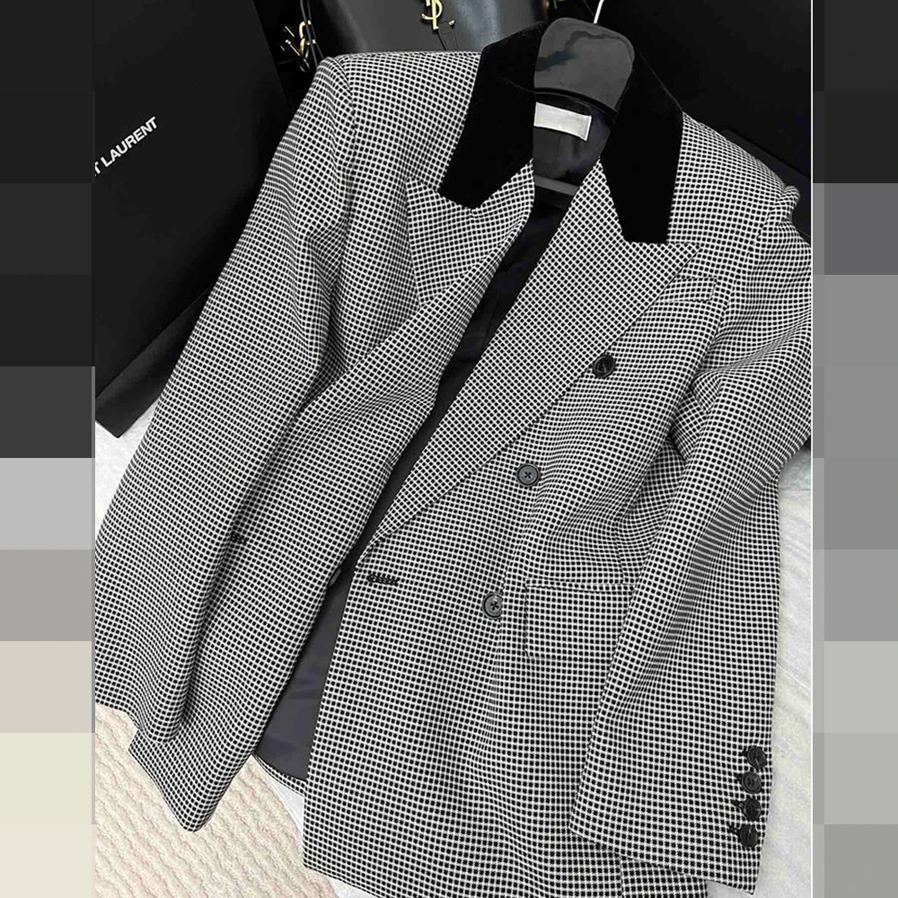 Fried Street Suit Top 2025 Spring and Autumn French Checked Double-breasted Blazer coat women clothing