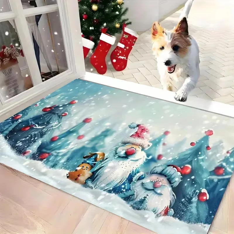 Christmas Gnome Doormat Long Hat Red Background Snowflake Print Entrance Carpet Xmas Holiday Front Door Rug Indoor Home Decor