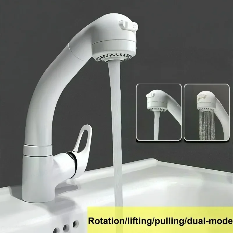 White Single Hole Pull-out Washbasin Faucet with Hot And Cold Double Control Rotatable Lift Type for Basin Washing