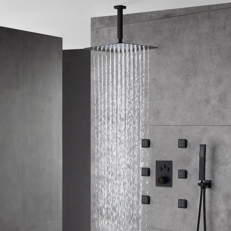 12-inch stainless steel black 3-function hotel thermostatic shower set