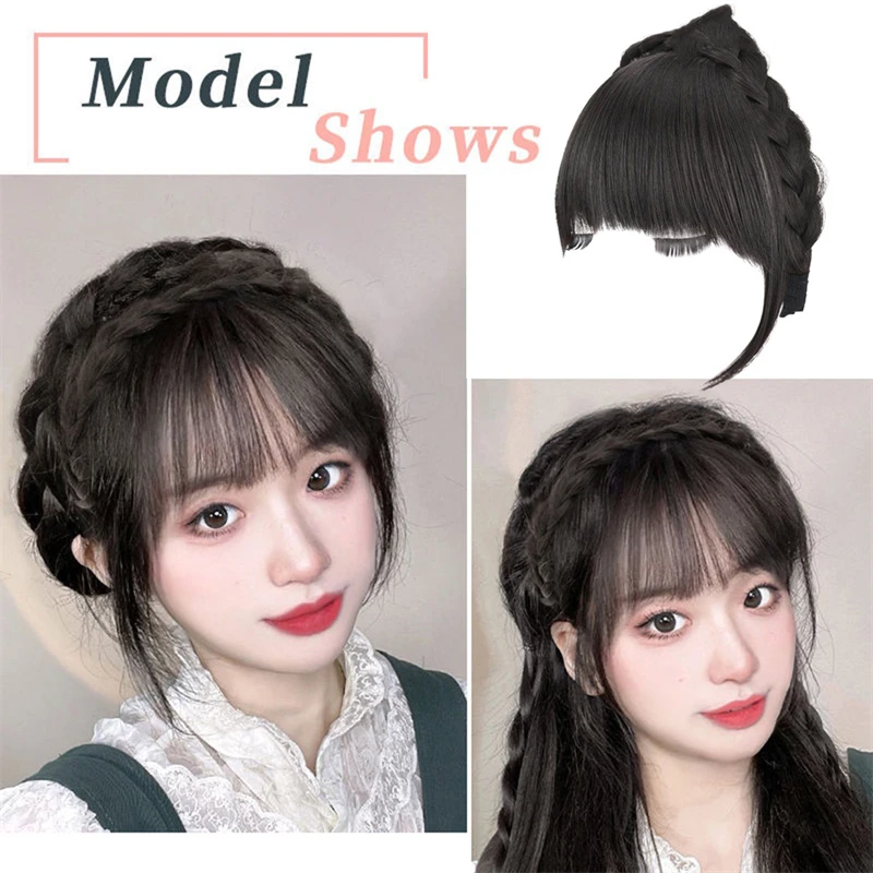 Natural Bangs Wig Headband Women Girls Fishbone Braid Forehead Hair Wigs Invisible Fringe Air Bangs