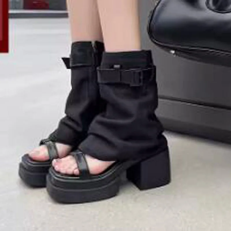 Summer Fashion Girls Black Apricot Cloth Square Open Toe Platform 9 cm Chunky Heels Mid-calf Boots Women Two Ways Sandals Shoes image 5