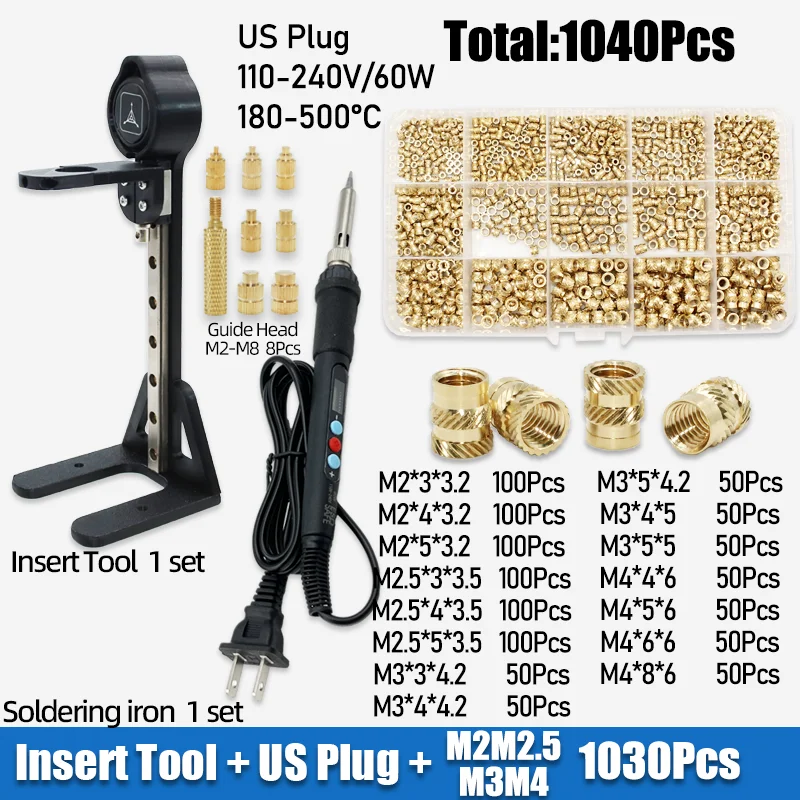 Wärmeeinpresswerkzeug M2 M3 M4 M5 M6 M8 Lötkolbenspitze Messinggewindeeinsatzmutter Heißschmelz-Kunststoffmuttern-Kit für 3D-Druck-Einsätze