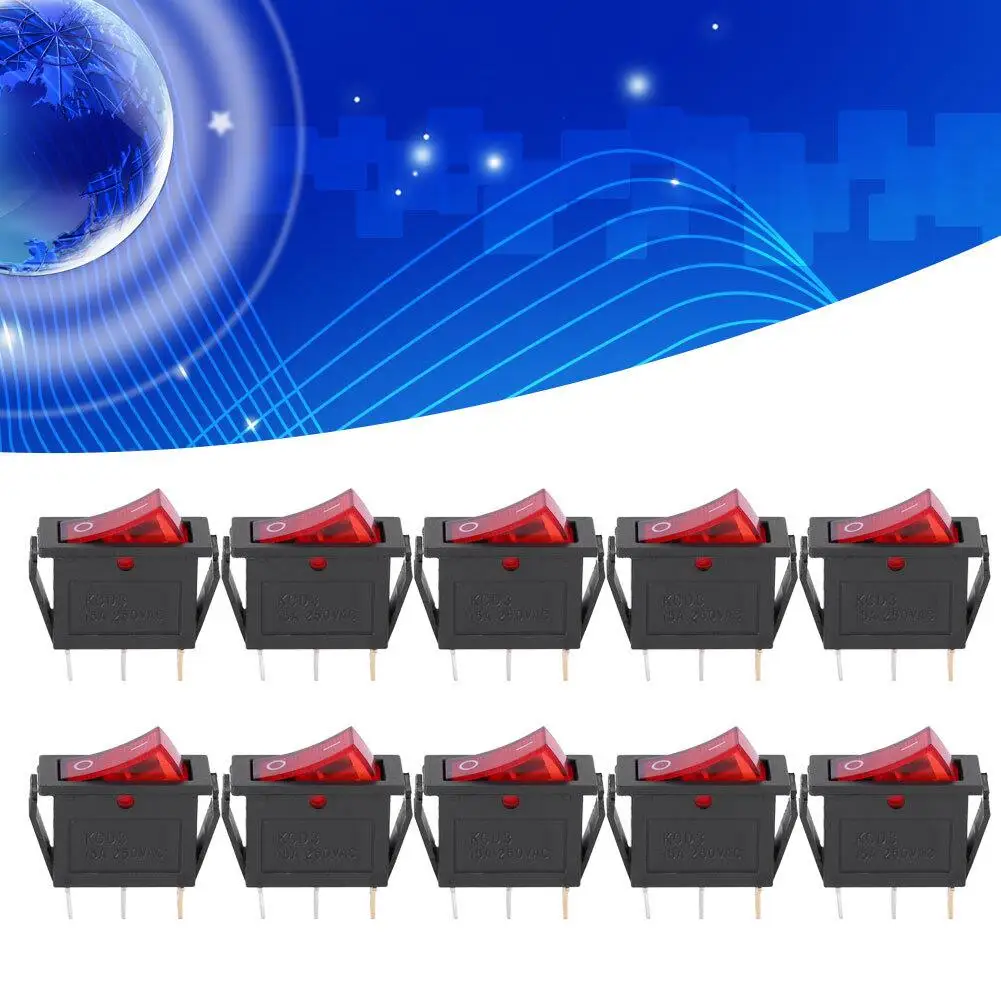 10PCs KCD3 3-Pin Rocker Switch with Red Light - On/Off 2-Position for Household Appliances Accessory