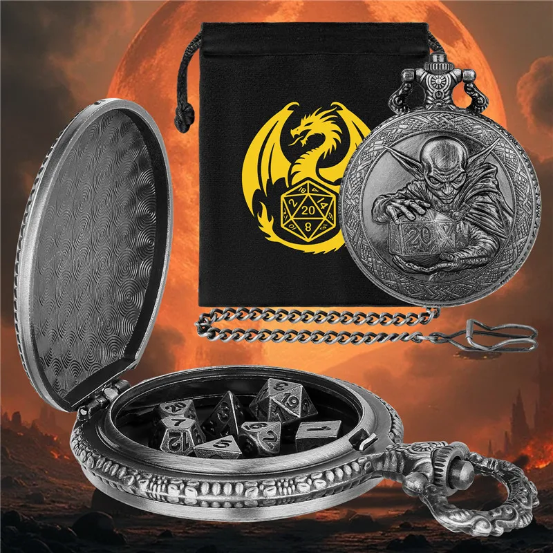 ブロンズゴブリン D20ダイス付き懐中時計ケース、7個の金属製小型多面体ダイスセット、卓上ボードゲームアクセサリー