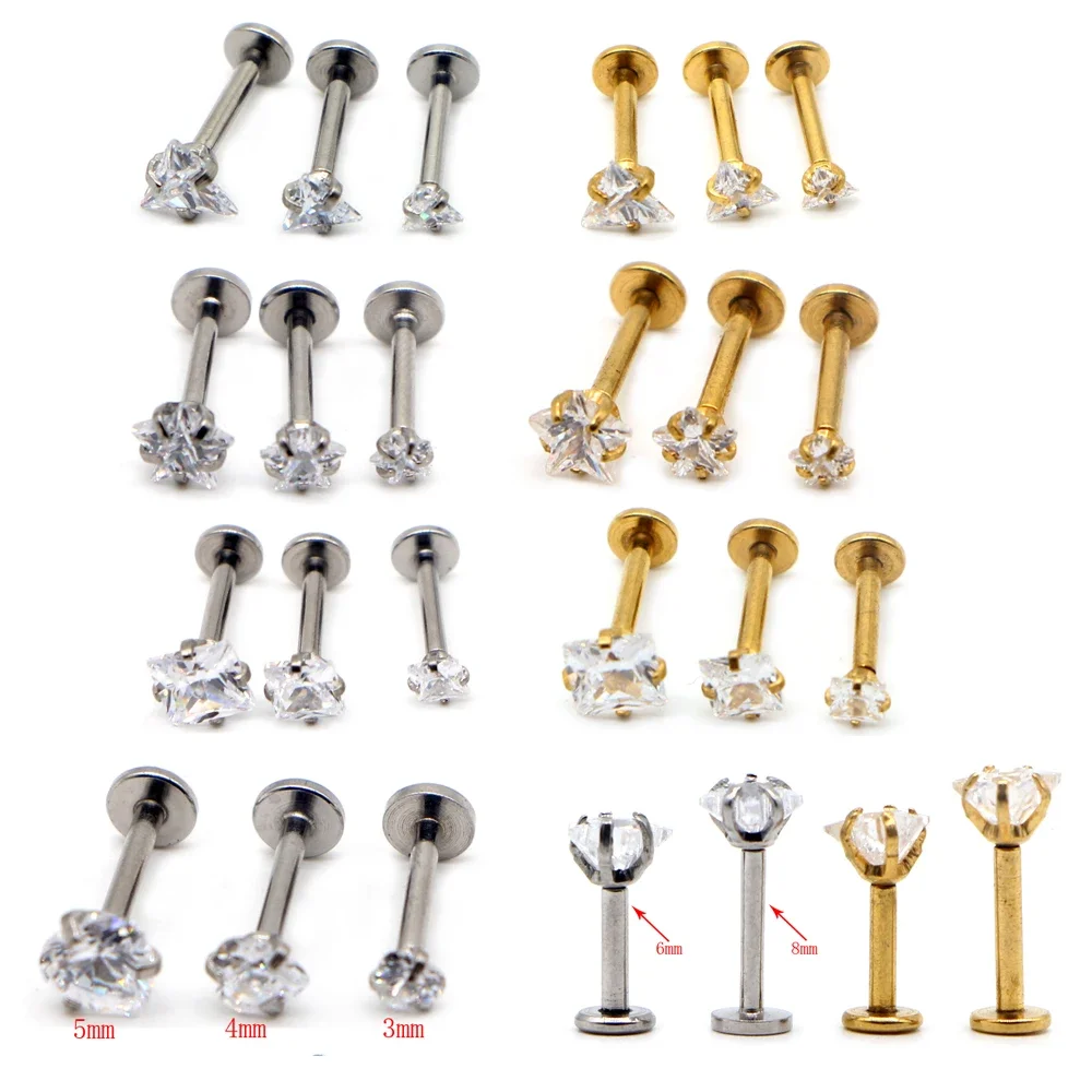 Alisouy 1 Piece 16G 3 4 5mm Labret Tragus Earring Punk Squre Heart Star Triangle CZ  Lip Ring Ear Cartilage Piercing