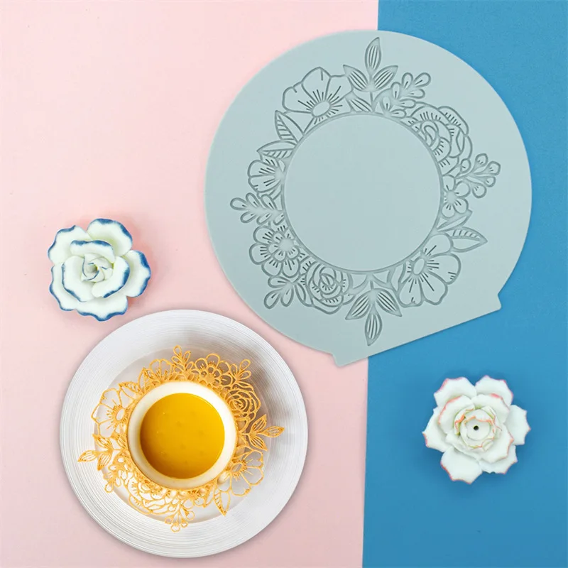 Round Floral Wreath Sugar Flipping Lace Pad Hollowed Out Chocolate Molecular Cuisine Printing Silicone Mold Cake Decoration Tool