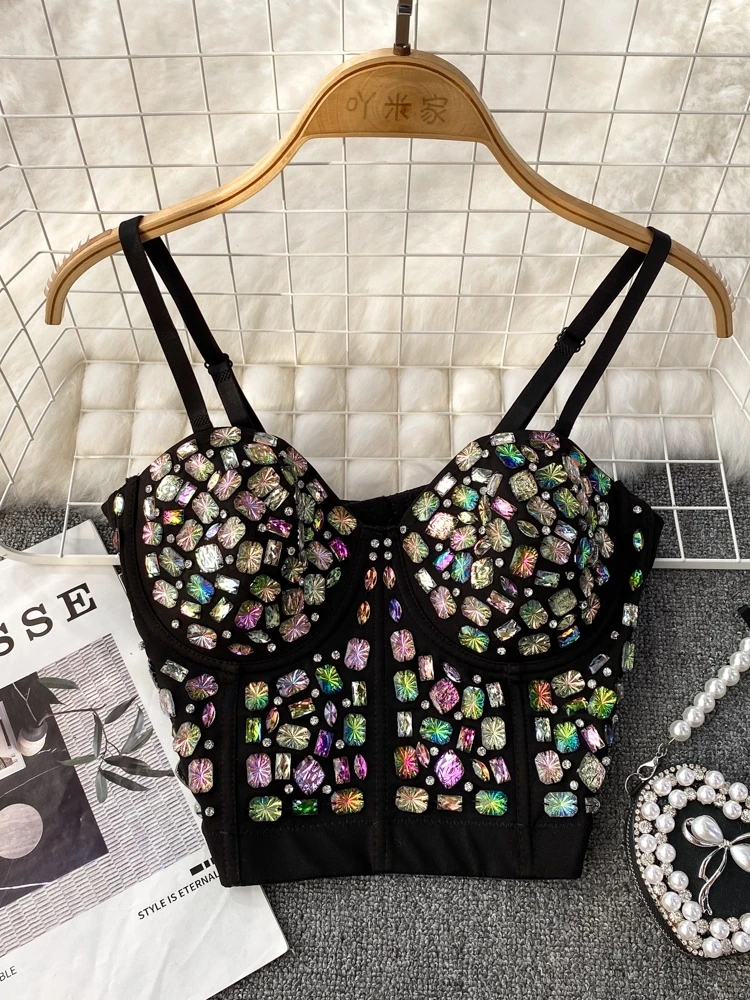 Sexy Heavy Work Color Diamond Performance Vest Women's Outerwear Fashionable Slim Fit Fishbone Bralette Summer Strap Vest