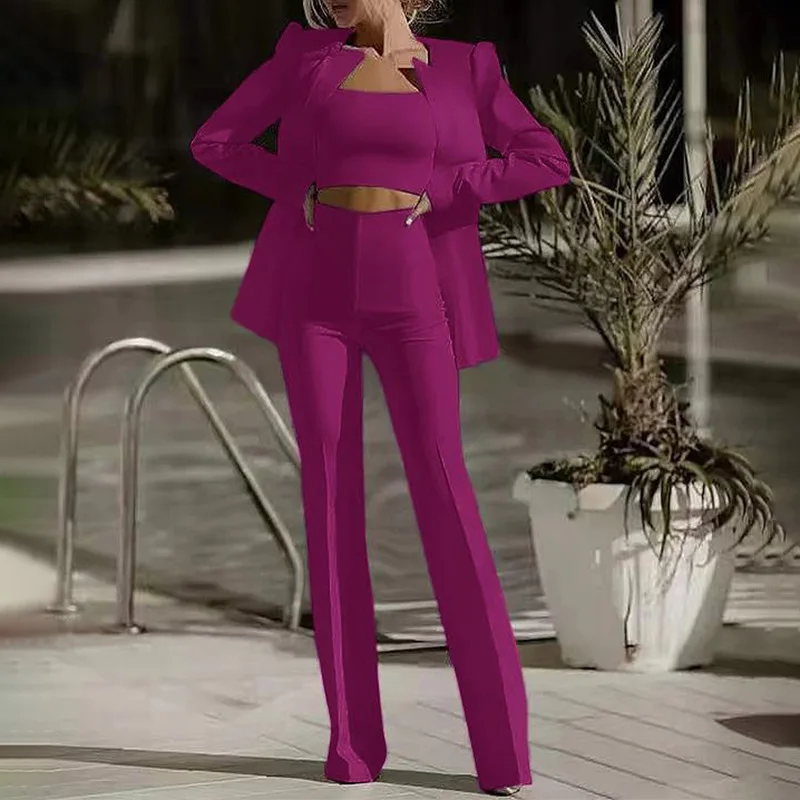 Three Piece Sets Women Full Sleeve Coats Blazer Strapless Long Pants Suits Solid High Waist Trousers Elegant Office Lady