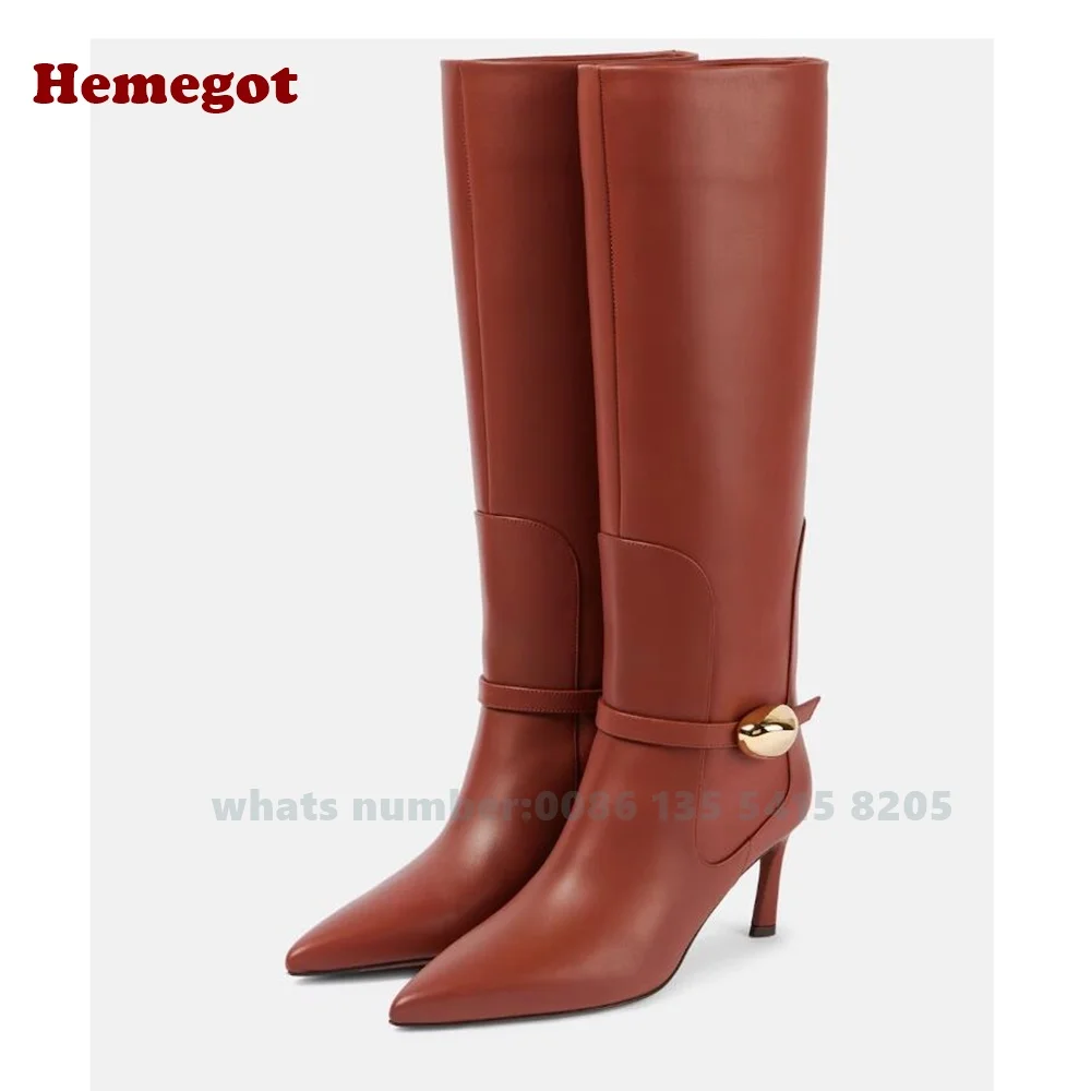 Brick Red Metal Buckle Knee High Boots Pointy Toe Slip On Kitten Heels Women's Boots Winter Solid Warm Casual Shoes Leather Sexy