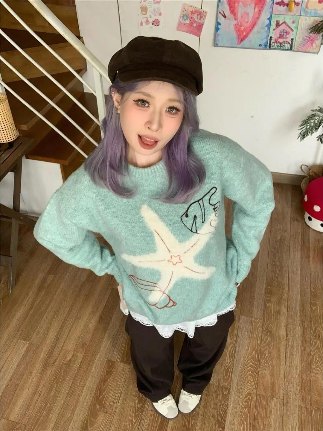 

Американский вязаный свитер в стиле ретро, круглый, свободный крой, зимняя верхняя одежда с вышивкой Starfi Lazy Sle для молодежи