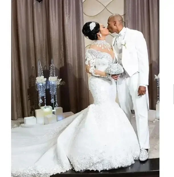 Customized Luxury Lace Hand Beaded Plus Size African Mermaid Custom Made Bridal Bride Wedding Dress 2023