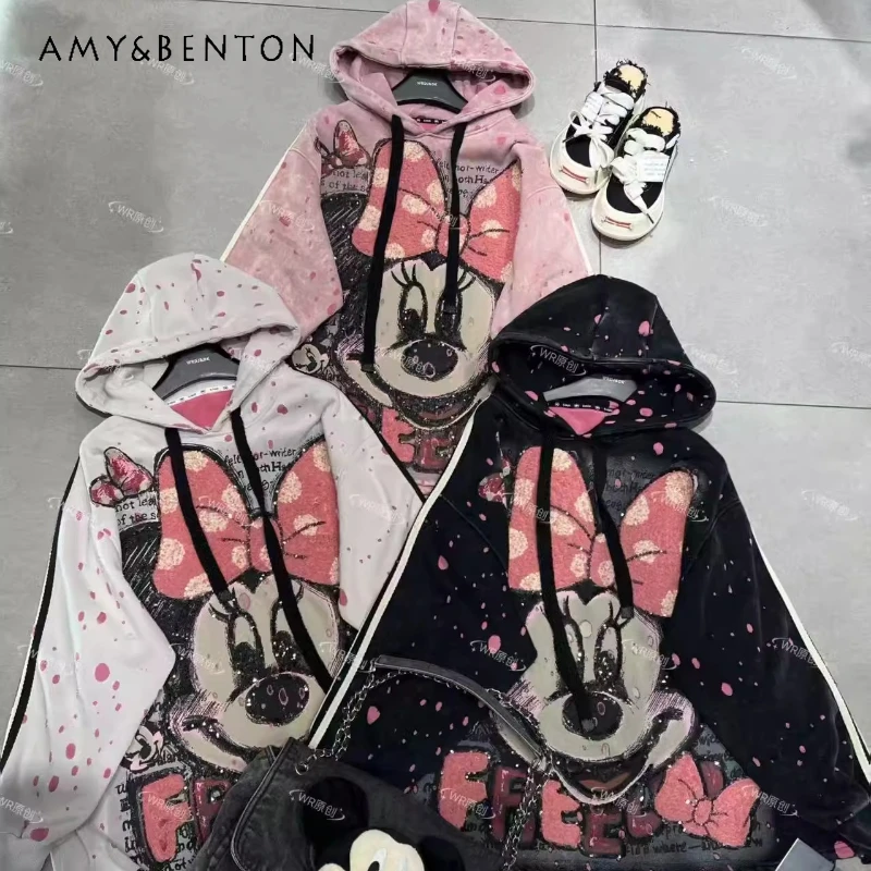 

Winter Fleece Hoodies Heavy Industry Ripped Cartoon Age-reducing Coat Fashion Cartoon Loose Hooded Sweatshirt Top Pullover Women
