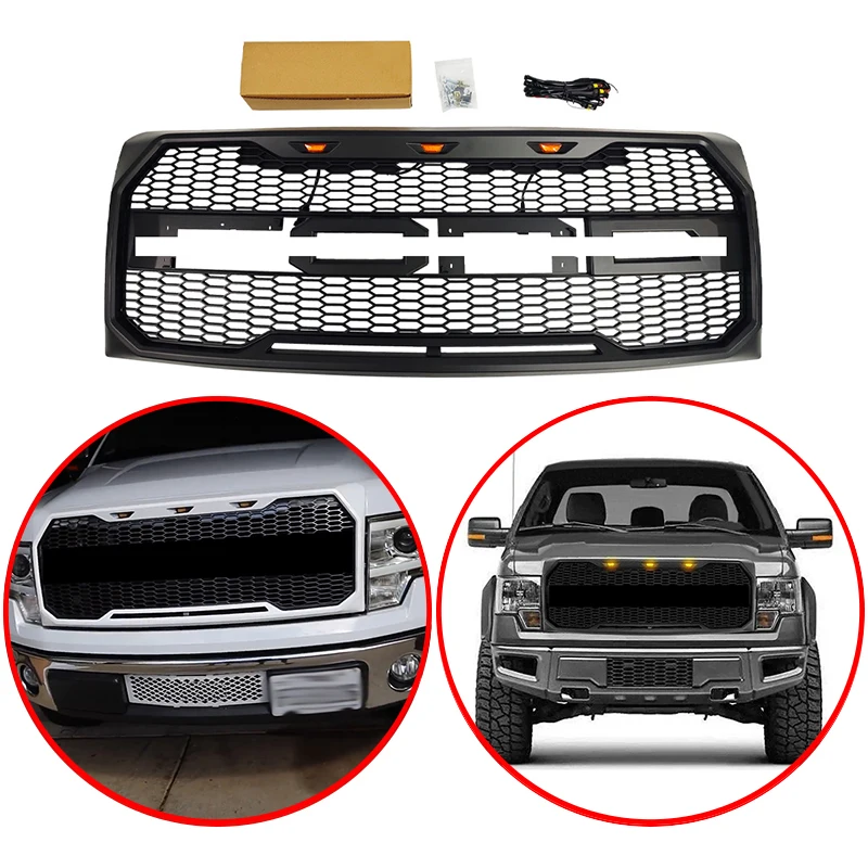 

For Ford F150 2009 2010 2011 2012 2013 2014 Raptor Style High Quality ABS Car Front Racing Grills With Logo And 3/Pcs LED Light