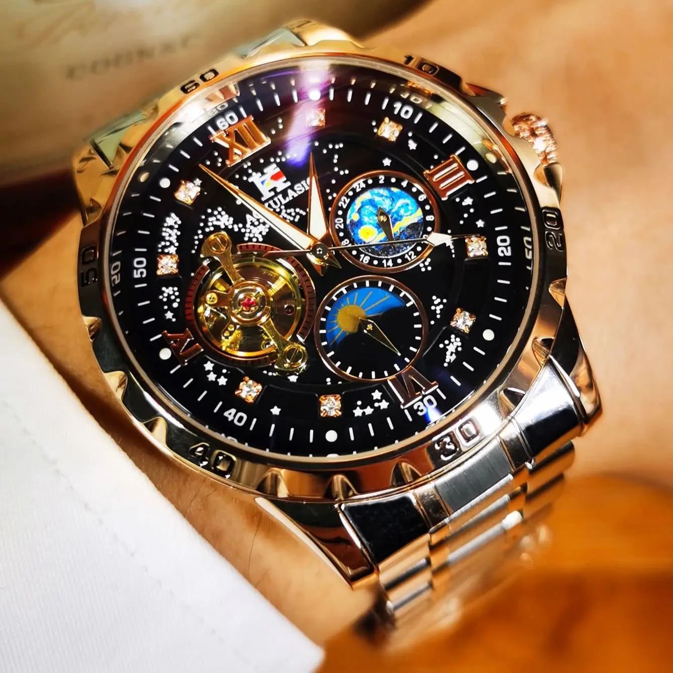 Luxury Skeleton Watch for Men Tourbillon Starry Sky Luminous Design Steel Leather Strap Fashion Automatic Mechanical Watches New