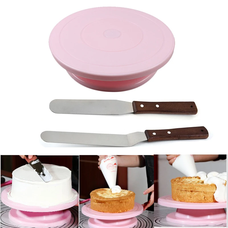 Rotating Cake Turntable Pastry Round Cake Plate Nonslip Bottom Revolving Decorating Stand 360 Degree Revolving Cake Base Scraper