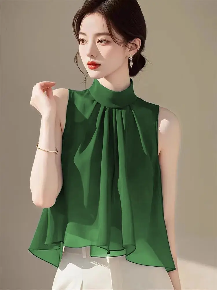 Sleeveless Chiffon Tank Top for Women Summer Stylish and Elegant High End Unique Neck Hanging Top