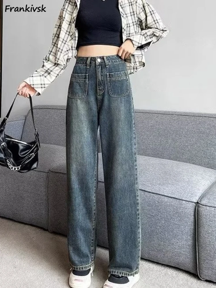 Jeans Women American Retro Autumn All-match Pockets High Street Hotsweet Denim Trousers College Harajuku Simple Popular Mopping