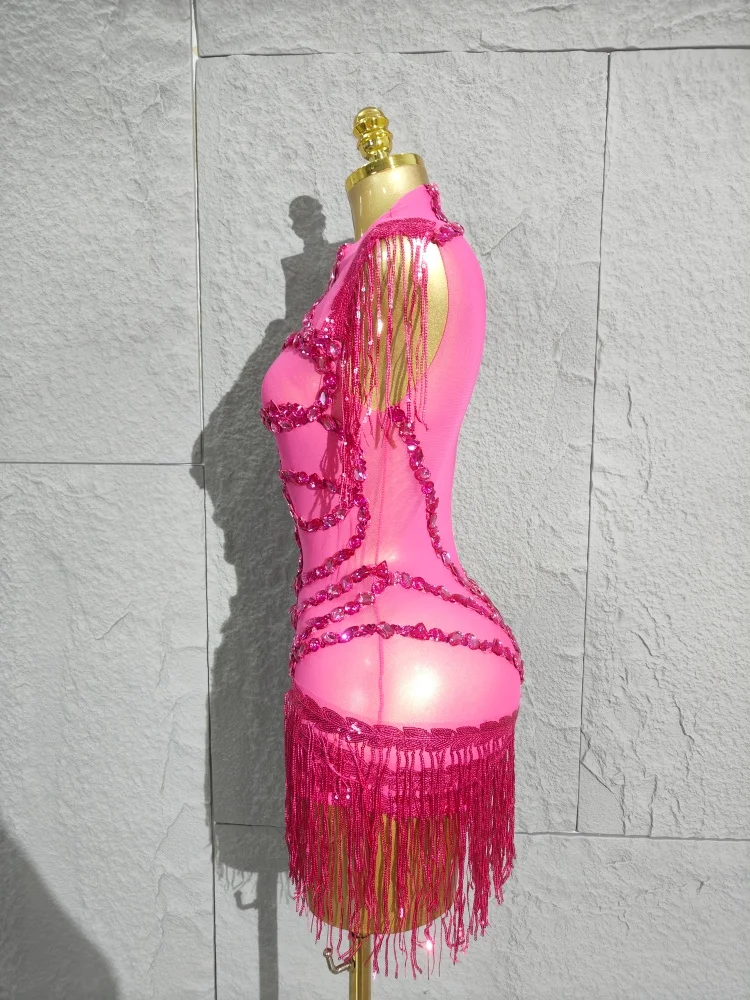 Avant-Garde Sexy Shining Sequins Tassel High Stretch Bodycon Bodysuit Latin Dancer Performance Costume Stage Wear