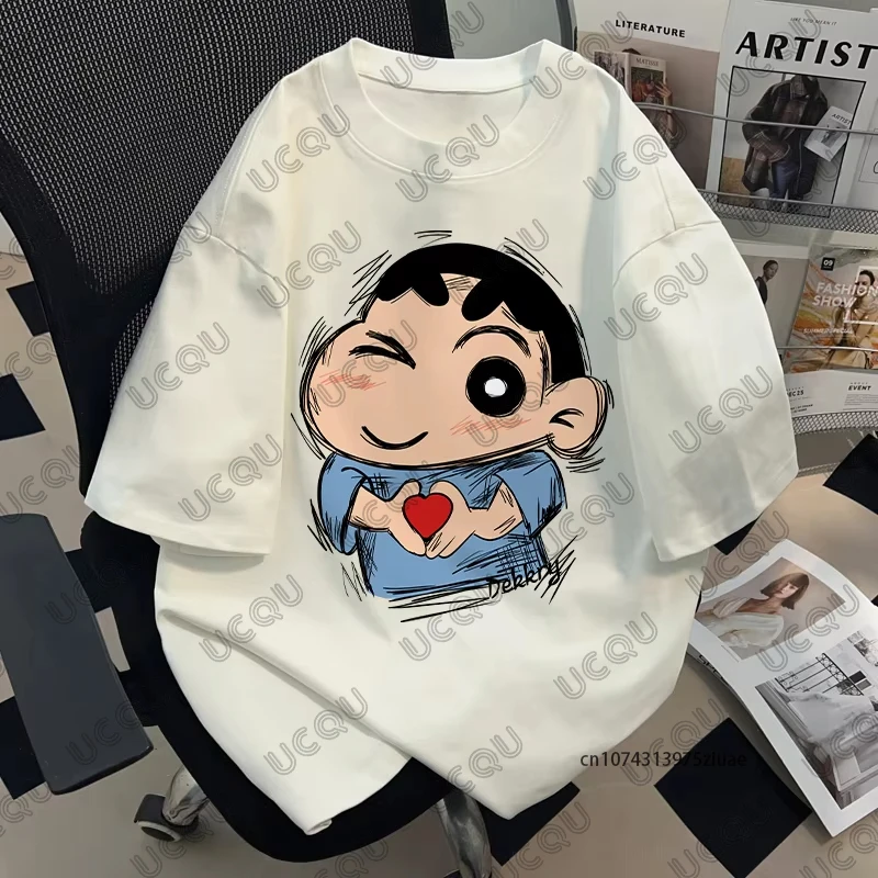 

MINISO Anime Crayon Shin-chan Print T-shirt For Men Summer Short Sleeve Round Neck Cotton Tees Casual Streetwear Couples Tops