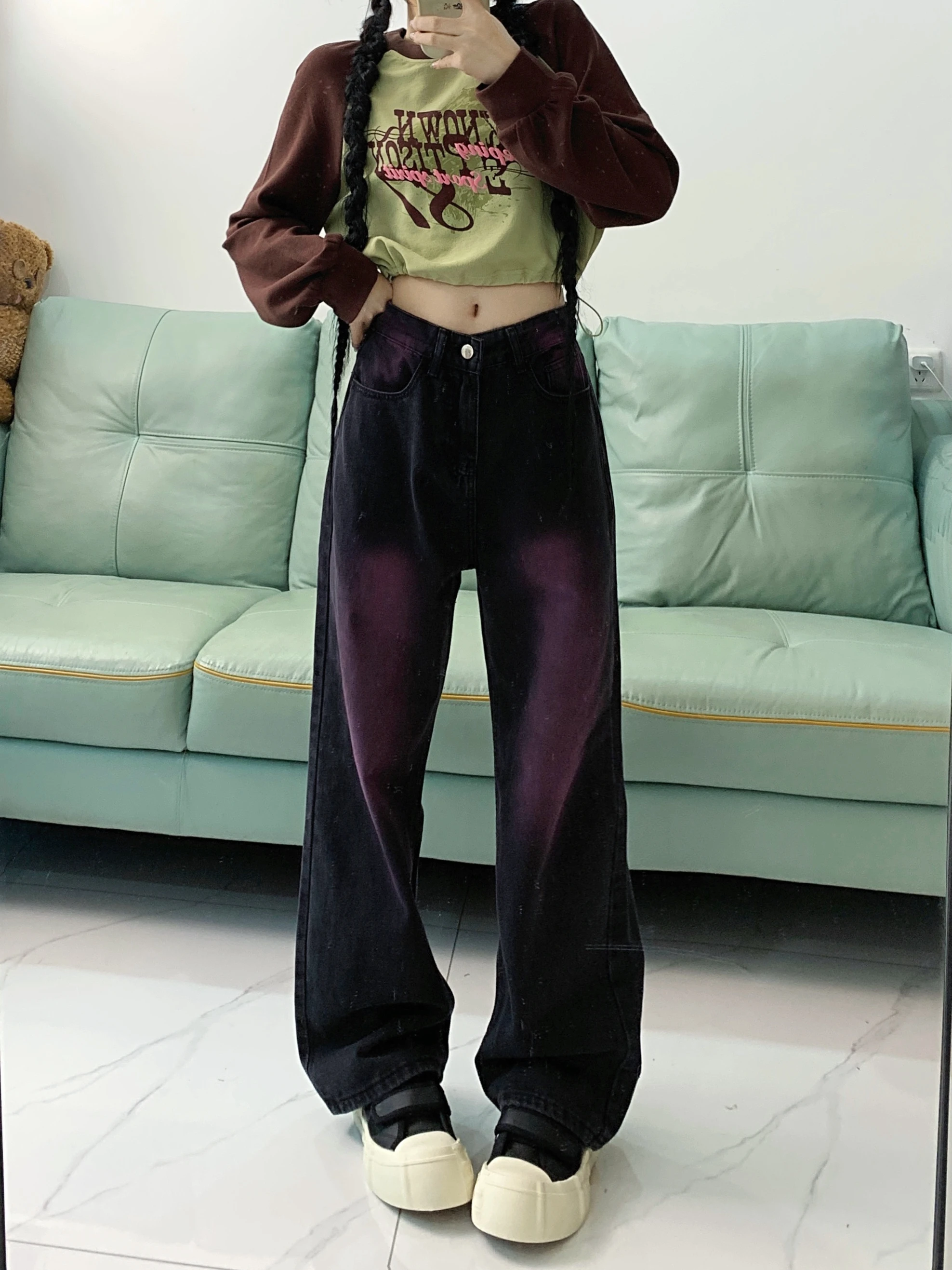 

European and American Style Washed Distressed Jeans Women's Retro Straight Wide Leg Trousers