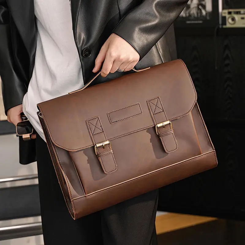 

Retro Crazy Horse PU Leather Briefcase Men's Handbag Business Satchels Shoulder Bag Luxury Leather Brand File Bag Large Capacity