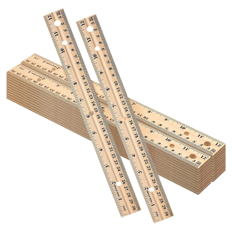 AT82-12 Inch(30Cm) 60 Pack Wooden Ruler Wood Measuring Ruler Bulk With 4 Holes For Office For School Drafting Classroom Supplies