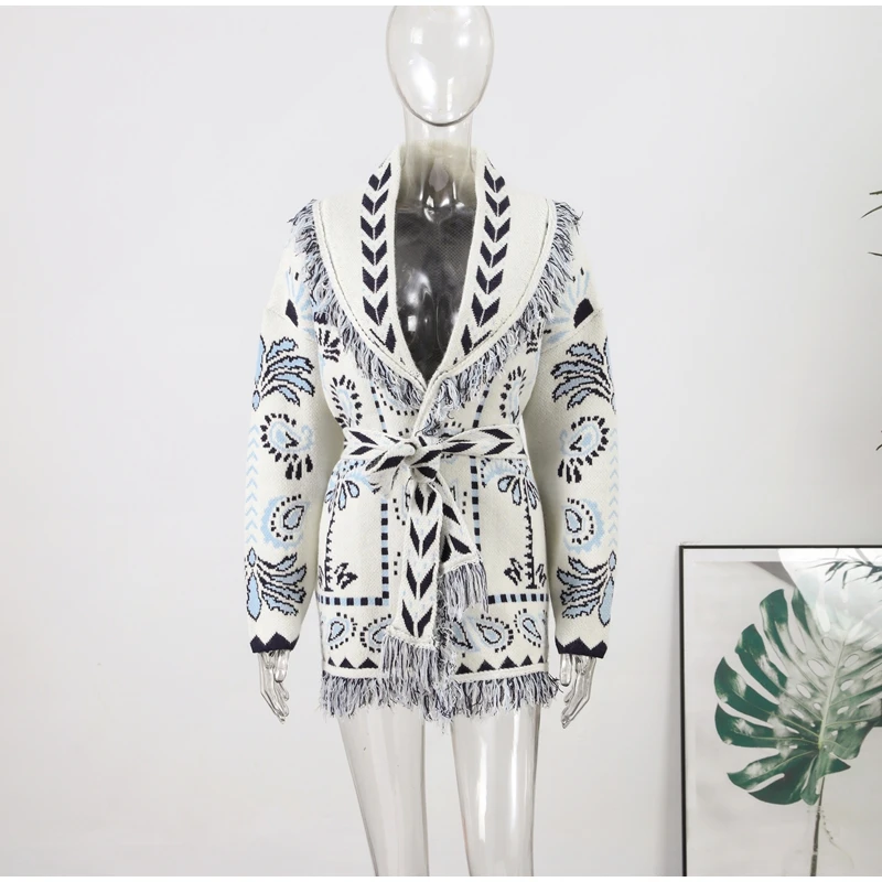 Knitted Jacquard Tassels Patchwork Cardigans Women Sweaters Long Sleeve V-neck Thicken Vacation Sweater 2025 Autumn Coats Tops