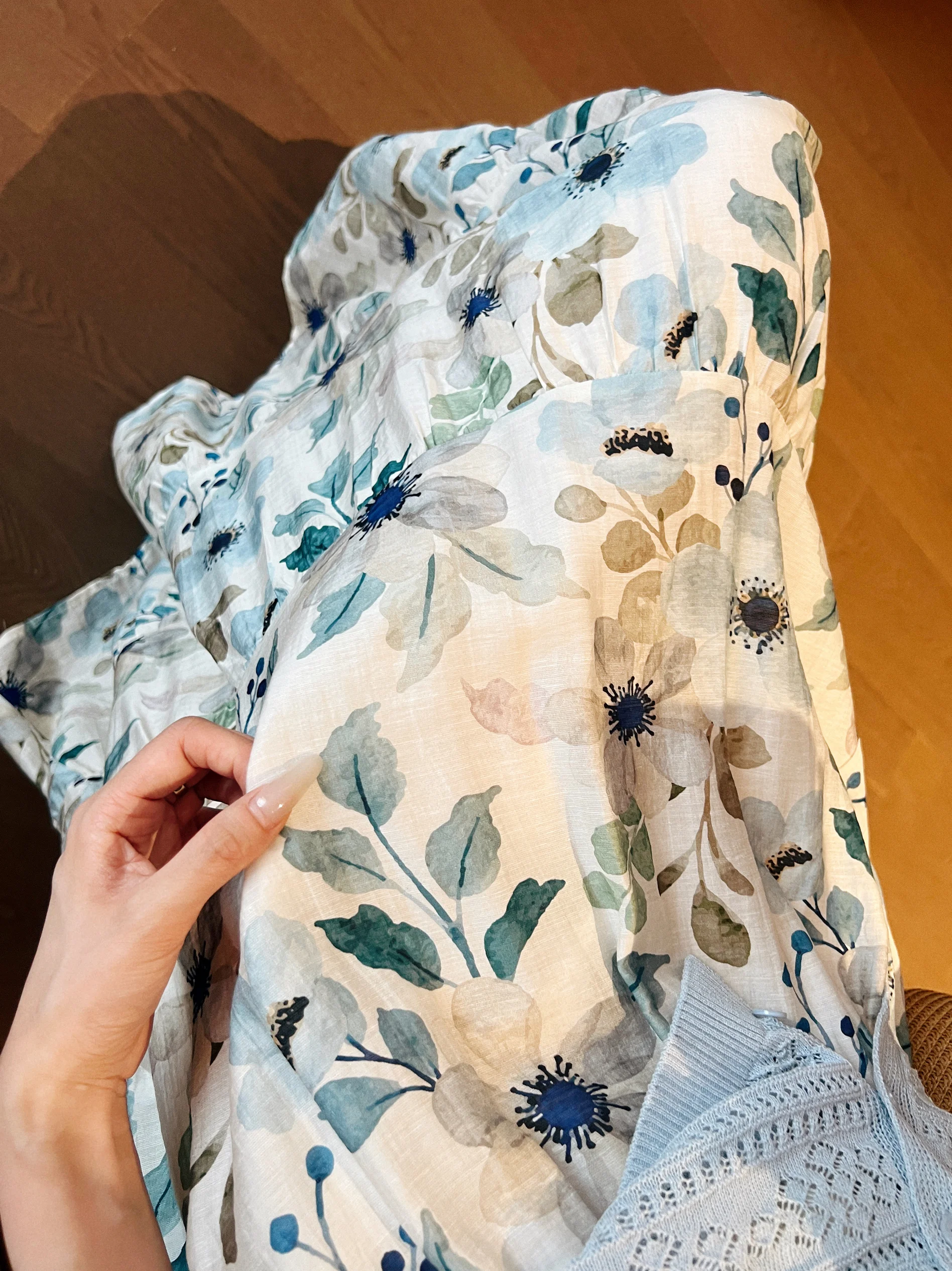 

TheWow Linen High Waist Gathered Print Skirt Half-length A-line Loose Fit Women's Summer Fashion High-End