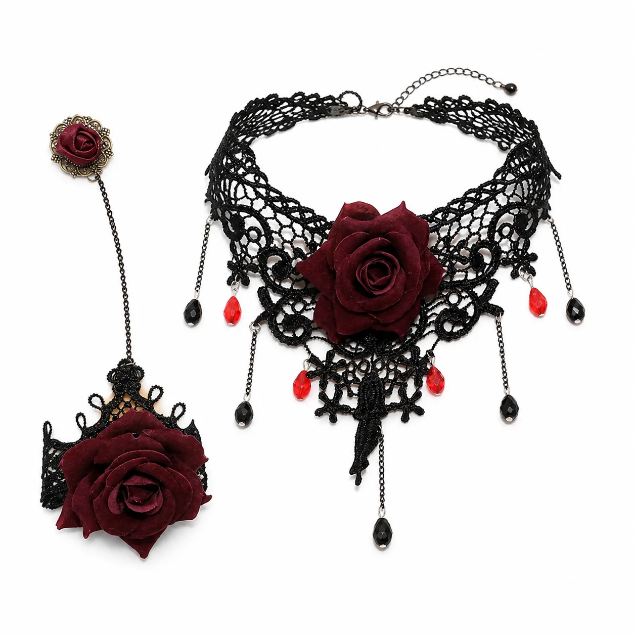 2-Piece Vintage Halloween Lace Choker & Mitten Bracelet Set, Dark Rose Gothic Lace Accessory Kit for Women
