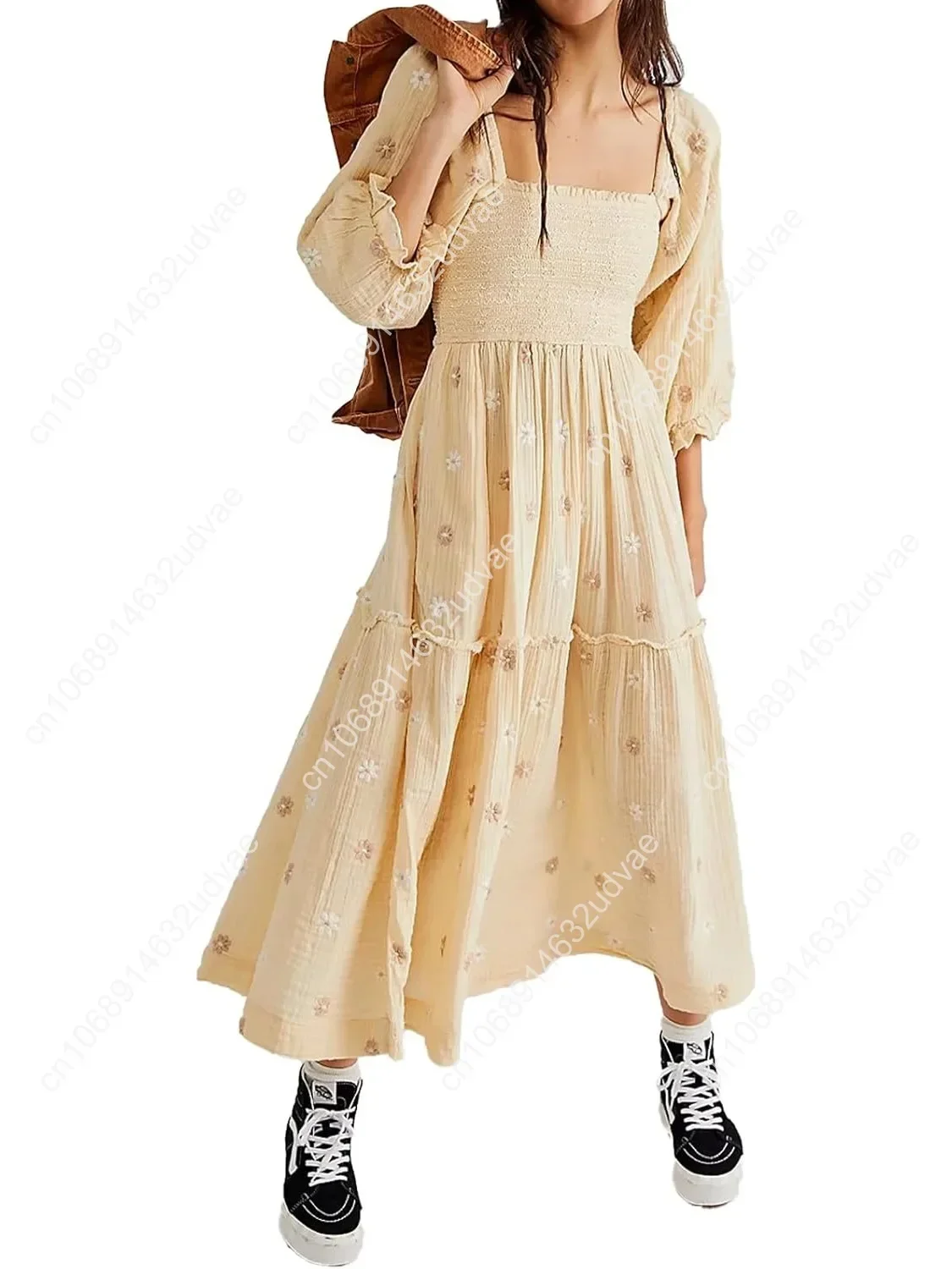 

Women Floral Embroidered Maxi Dress Long Puff Sleeve Square Neck Bohemian Flowy Dress with Pockets Smocked Fall Dress