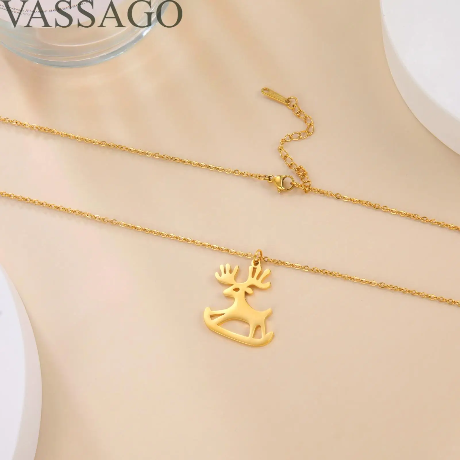 VASSAGO Antler Elk Pendant Necklace For Women Elk Sled Necklace Stainless Steel Skateboard Animal Necklace Children's Jewelry