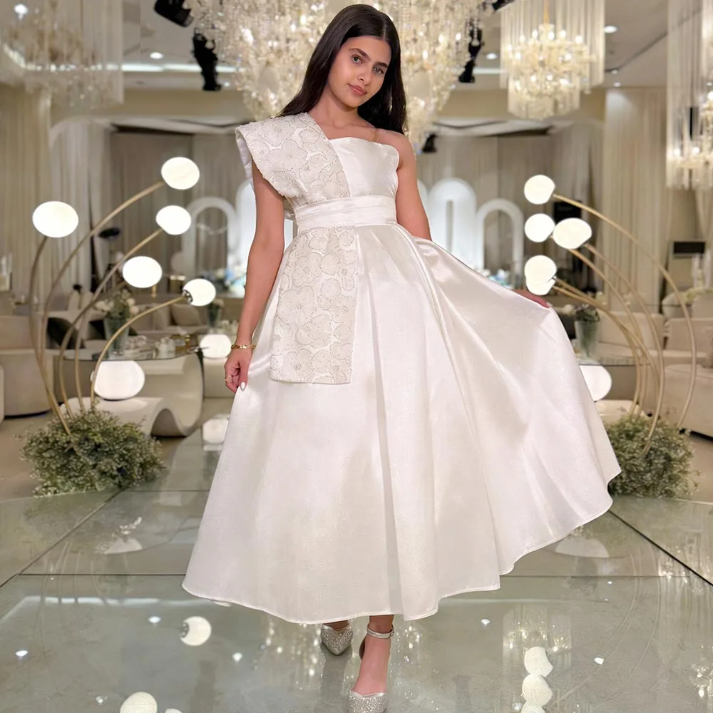 

Ivory Flower Girl Dresses Satin Dress For Girls Long Birthday Dress Lace Girl Princess Dress One-Shoulder Cute Kids' Dresses