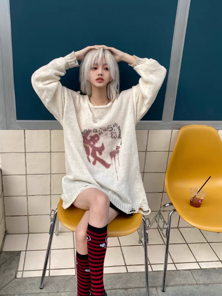 Gothic Hollow Out Y2k Knit Sweater Women Pullover Harajuku Streetwear Tops Long Sleeve Thin Coat Smock Sun Protection Tops New