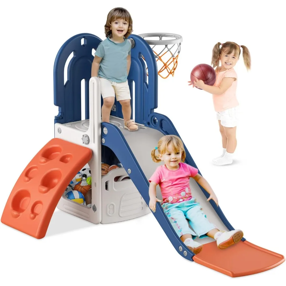 

4 in 1 Toddler Slide, Slide with Basketball Hoop and Ball, Indoor Outdoor Backyard Playground Climbing Theme Baby Slide Toy